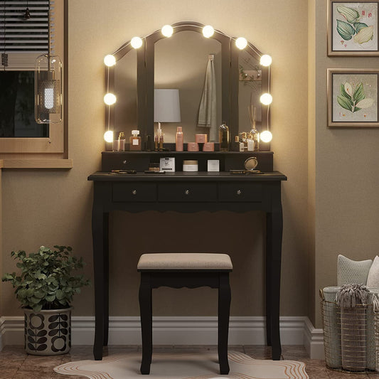 Afuhokles Makeup Vanity Table Desk Set with Lighted Tri-Fold Mirror and Stool for Bedroom, Black