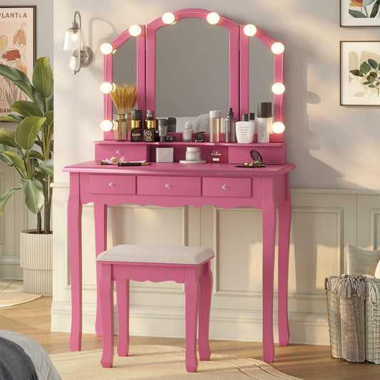 Afuhokles Vanity Table Set with Lighted Tri-Fold Mirror and Stool, Makeup Vanity Dressing Desk 5 Drawers, Pink