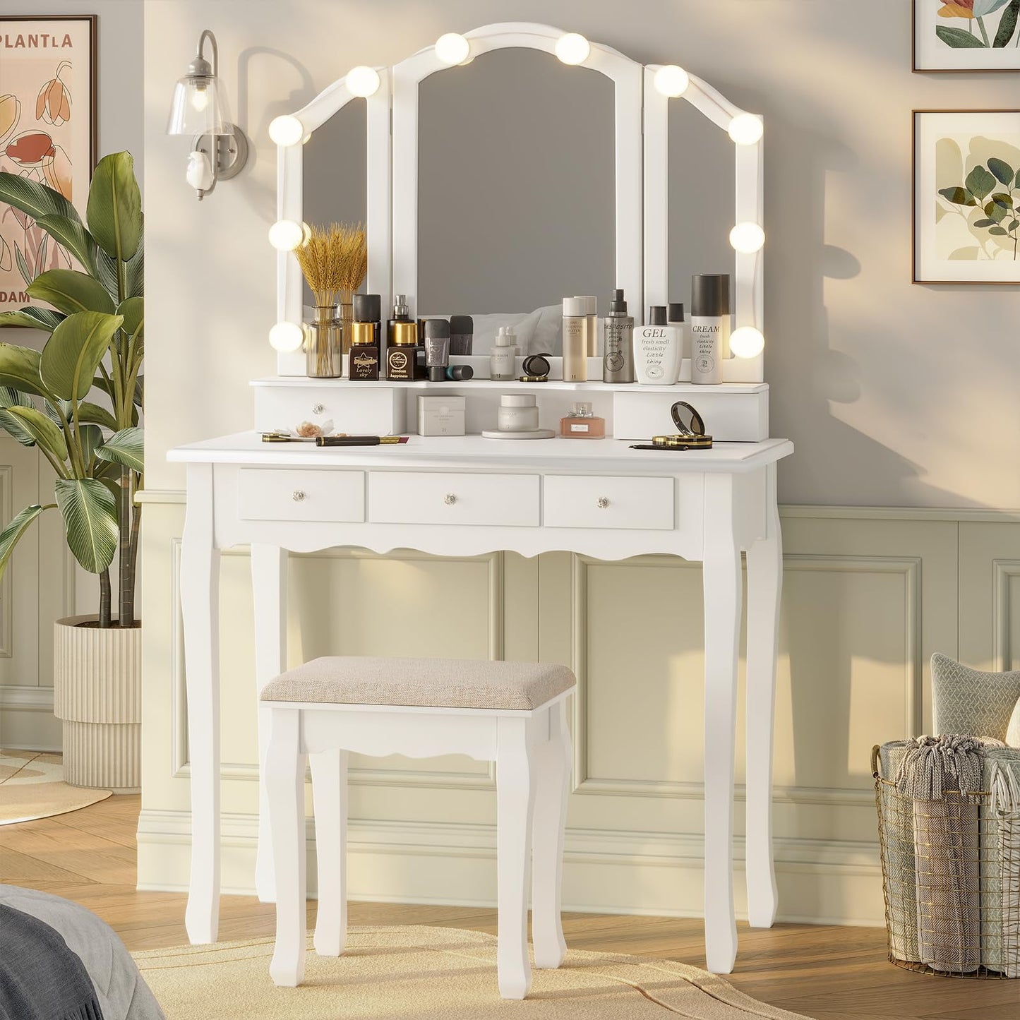 Afuhokles Vintage Vanity Set with Lighted Mirror, Stool & 5 Drawers, White