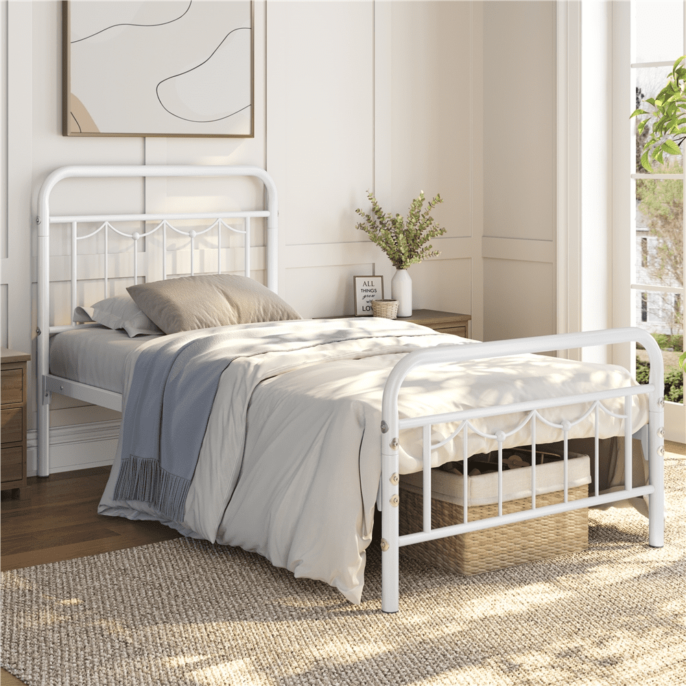 Alden Design Metal Platform Bed Frame with Vintage Headboard and Footboard, Twin, White