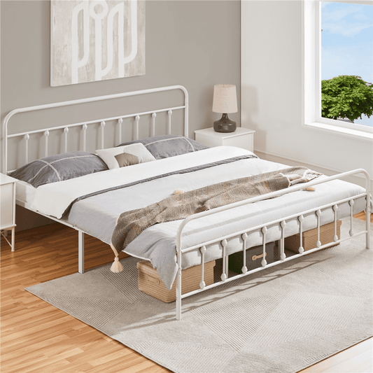 Alden Design Metal Platform California King Bed with High Headboard, White