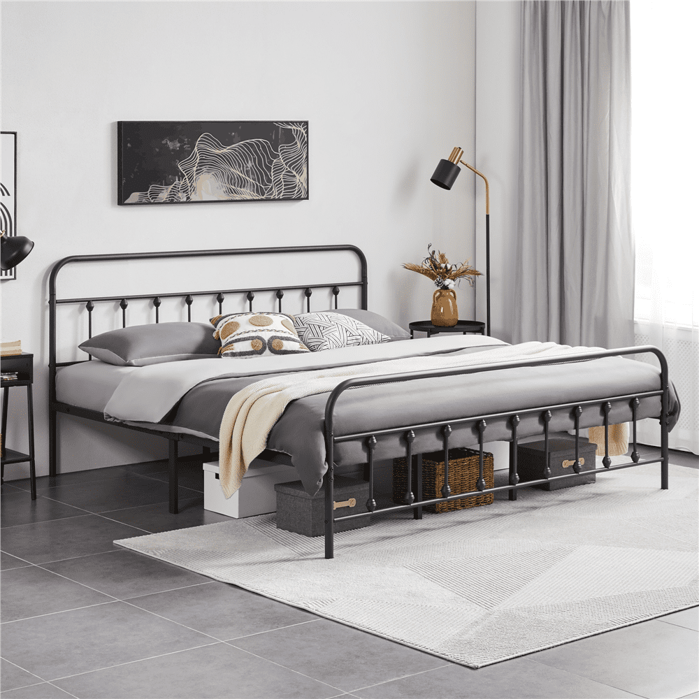 Alden Design Metal Platform King Bed with High Headboard, Black