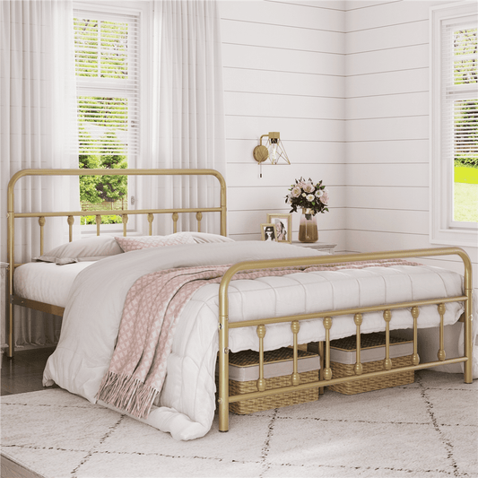 Alden Design Metal Platform Queen Bed with High Headboard, Antique Gold