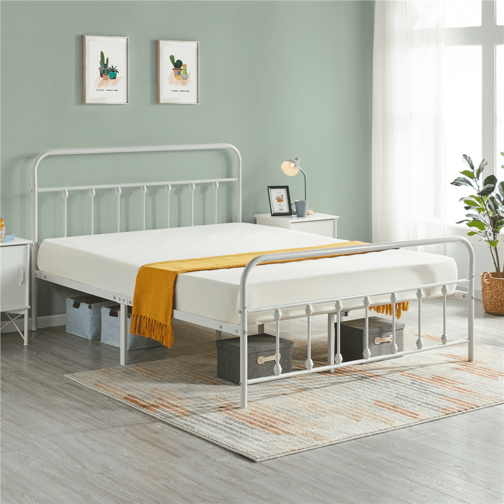 Alden Design Metal Platform Queen Bed with High Headboard, White