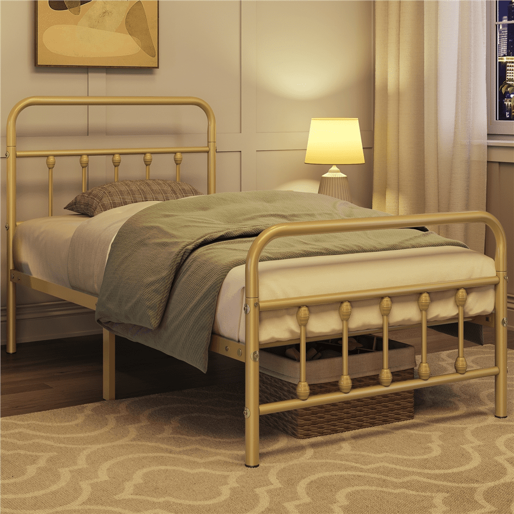 Alden Design Metal Platform Twin XL Bed with High Headboard, Antique Gold