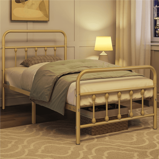Alden Design Metal Platform Twin XL Bed with High Headboard, Antique Gold