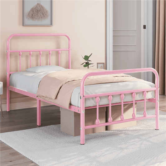 Alden Design Metal Platform Twin XL Bed with High Headboard, Pink