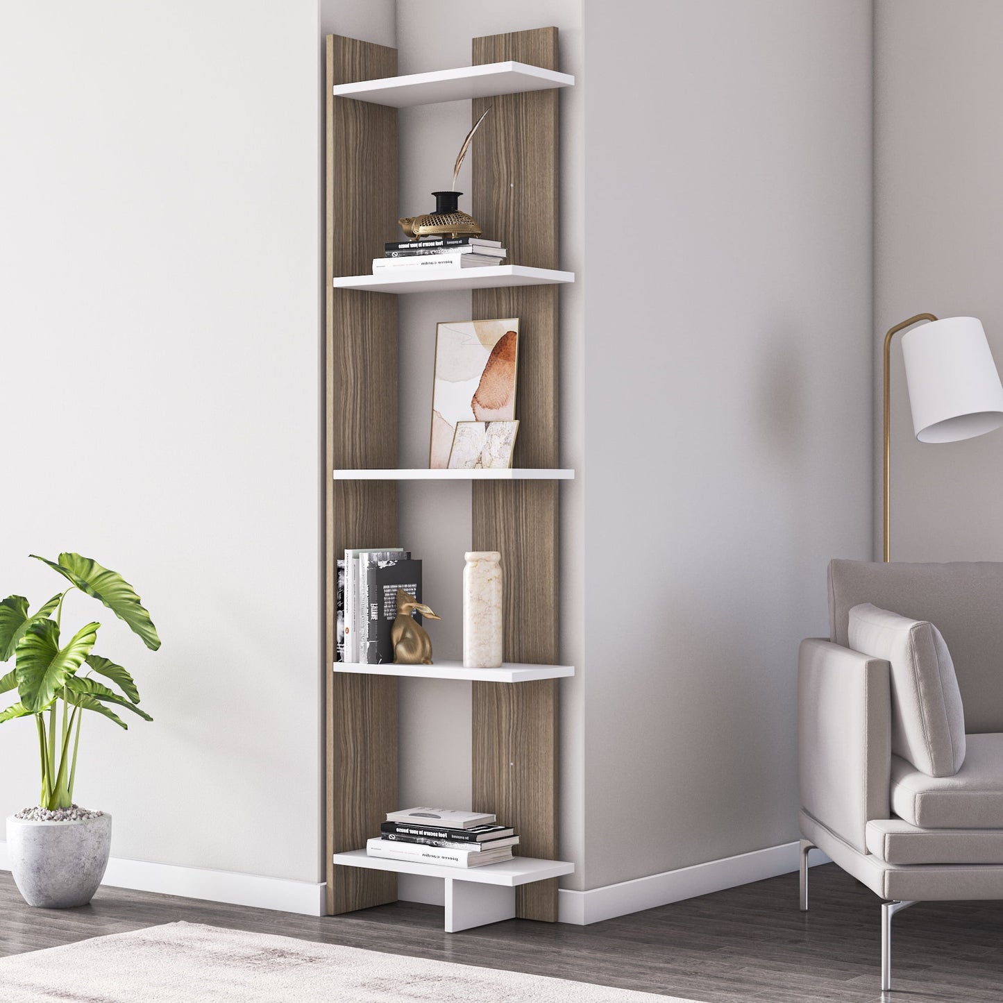 Alice 67in Corner 5-Shelves Bookcase , Cordoba White