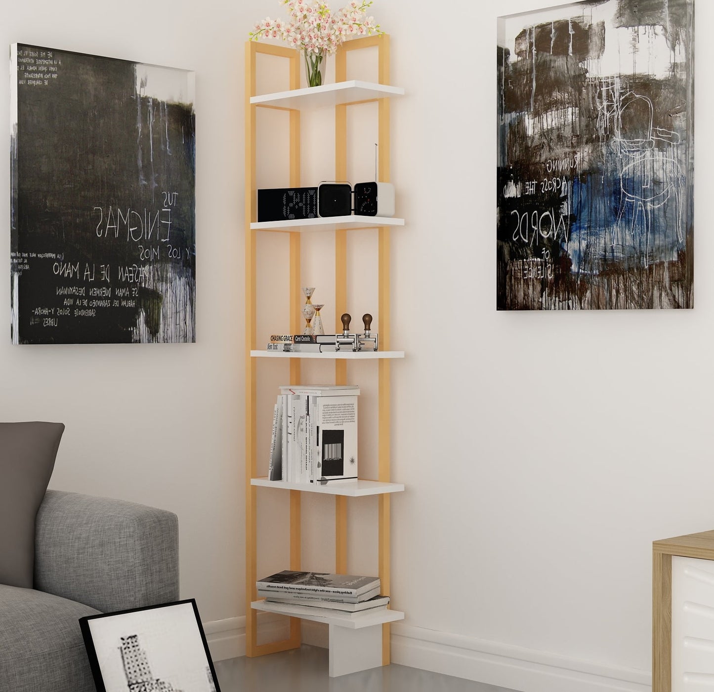 Alice 71in 5-Shelf Corner Bookcase, White Gold