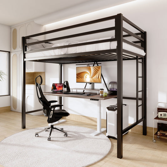 Sifurni Black Heavy Duty Twin Size Metal Loft Bed with Full-Length Guardrail & Removable Stairs