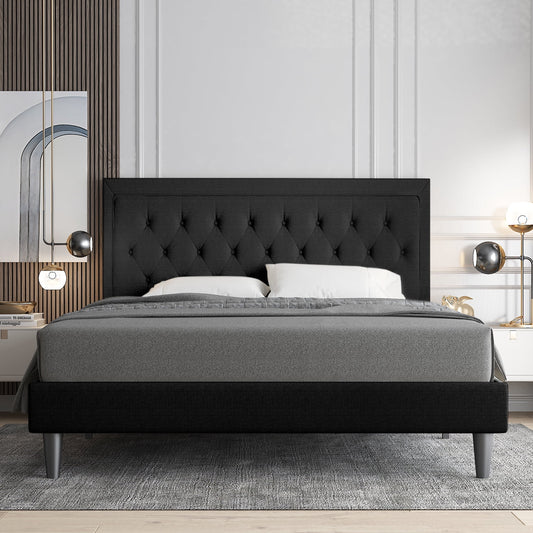 Allewie Full Size Bed Frame Upholstered Platform Bed with Adjustable Headboard, Box Spring not Needed, Black