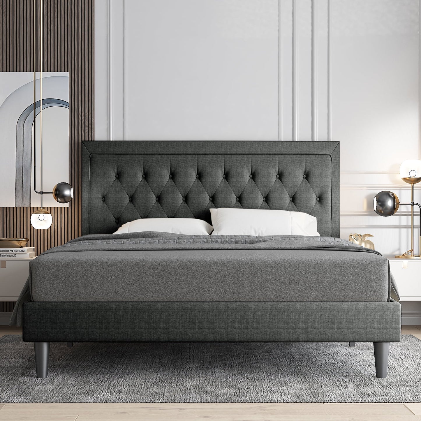 Allewie Full Size Bed Frame Upholstered Platform Bed with Adjustable Headboard, Box Spring not Needed, Dark Grey