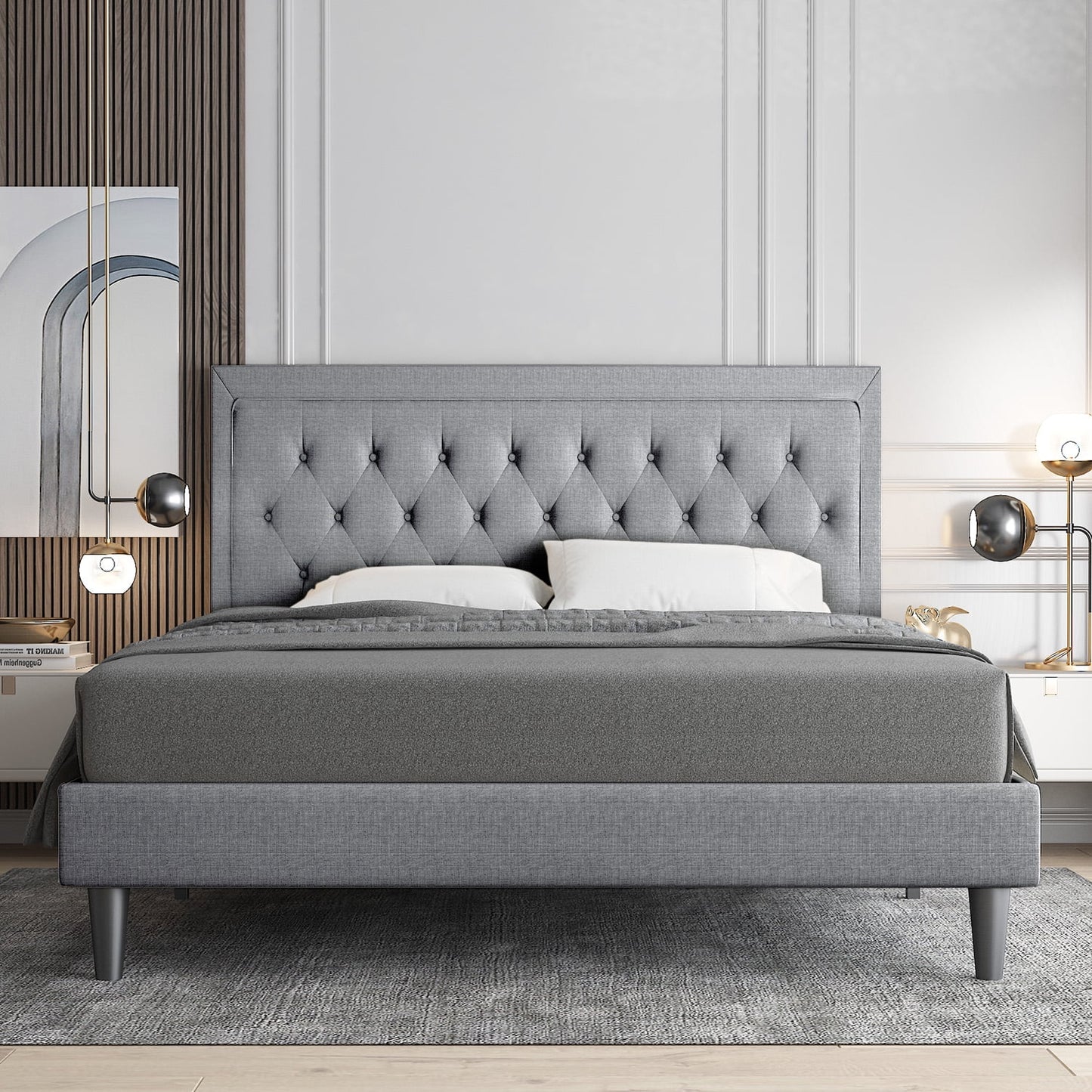 Allewie King Size Bed Frame Upholstered Platform Bed with Adjustable Headboard, Box Spring not Needed, Light Grey