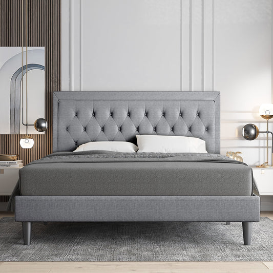 Allewie King Size Bed Frame Upholstered Platform Bed with Adjustable Headboard, Box Spring not Needed, Light Grey