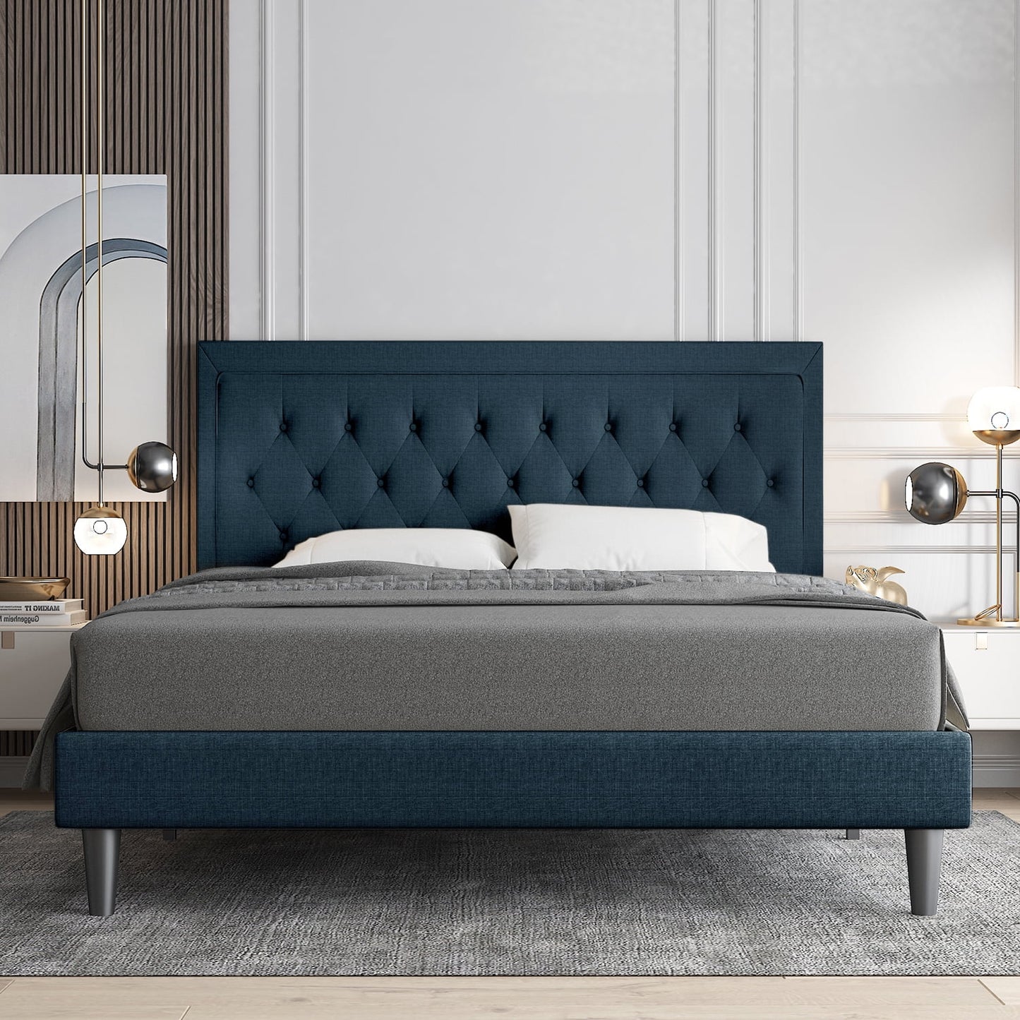 Allewie Queen Size Bed Frame Upholstered Platform Bed with Adjustable Headboard, Box Spring not Needed, Blue