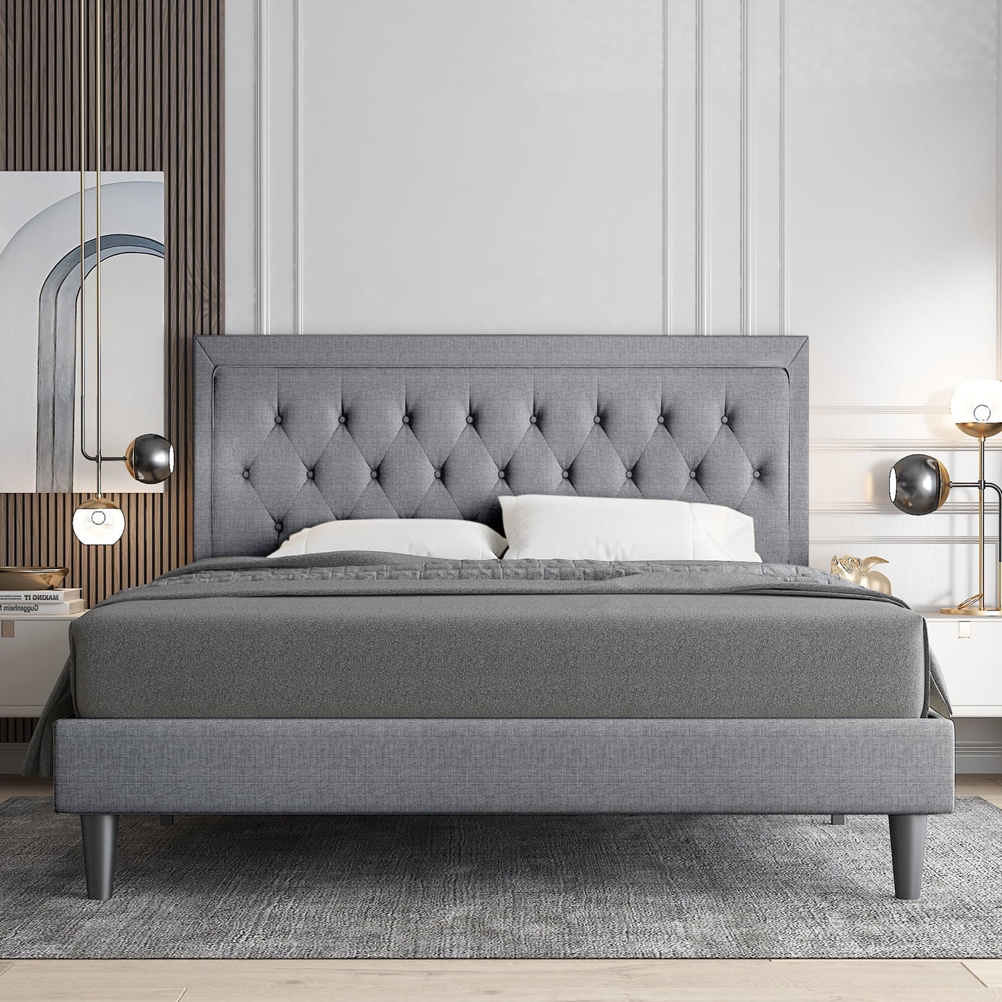 Allewie Queen Size Bed Frame Upholstered Platform Bed with Adjustable Headboard, Box Spring not Needed, Light Grey