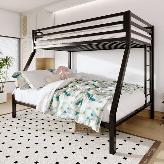 Sifurni Twin Over Full Metal Bunk Bed with Removable Stairs & Full-Length Guardrail, Black
