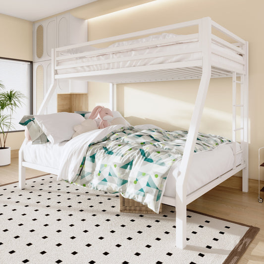 Sifurni Twin Over Full Metal Bunk Bed with Removable Stairs & Full-Length Guardrail, White