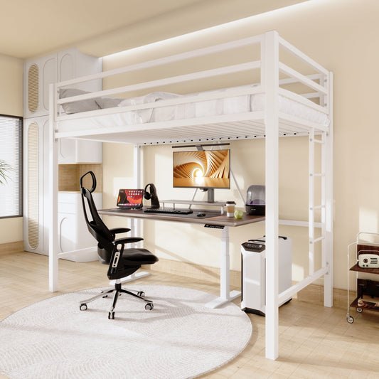 Sifurni White Heavy Duty Twin Size Metal Loft Bed with Full-Length Guardrail & Removable Stairs