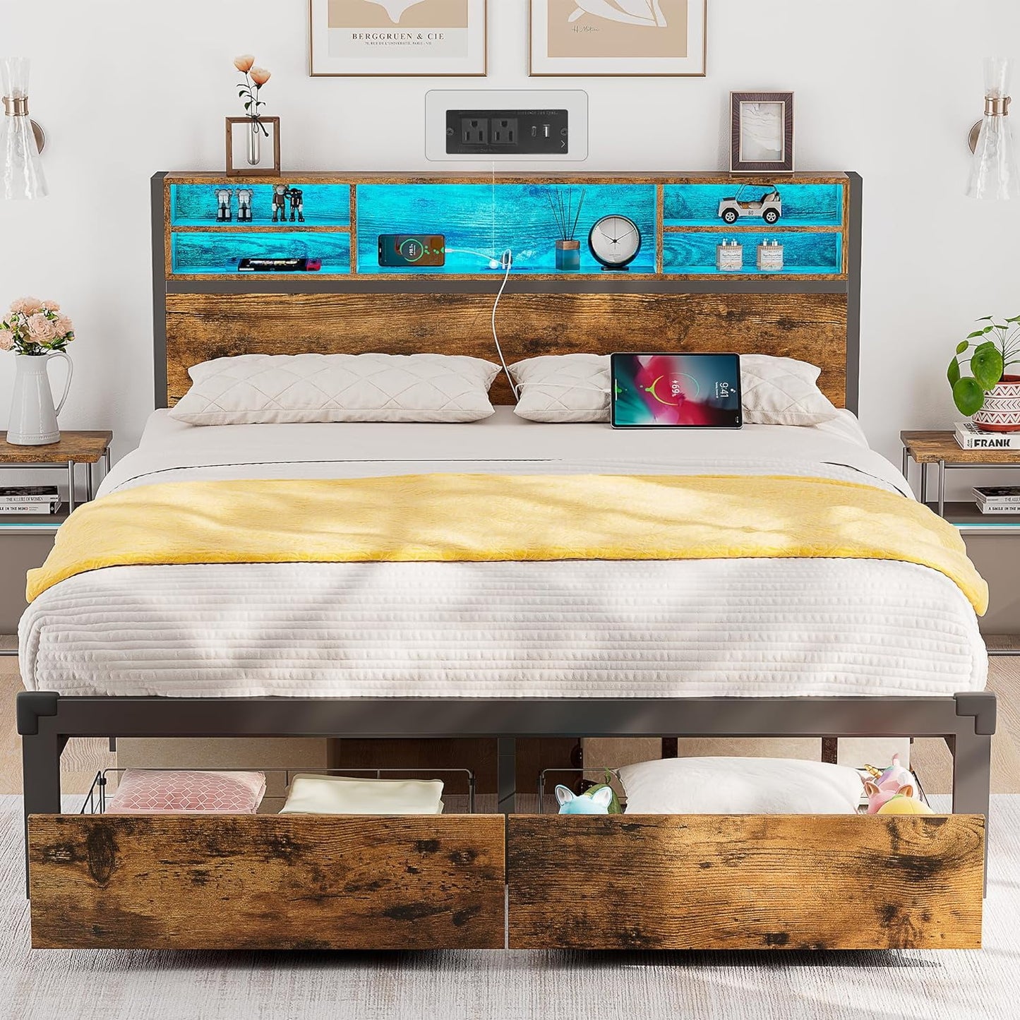 Alohappy Full Size Bed Frame with Storage Headboard and Drawers, Metal Platform Bed Frame RGB Led Lights and with Charging Station, No Nosie No Box Spring Needed