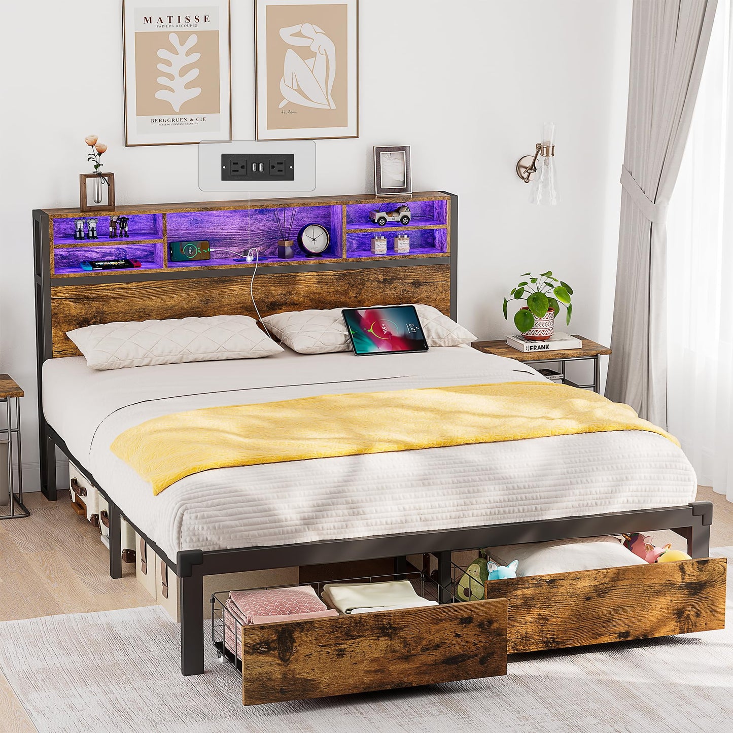 Alohappy Queen Bed Frame with LED Lights, USB Ports, Storage Headboard, Metal Platform, No Box Spring Needed