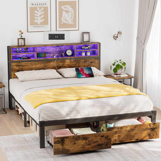 Alohappy Queen Bed Frame with LED Lights, USB Ports, Storage Headboard, Metal Platform, No Box Spring Needed