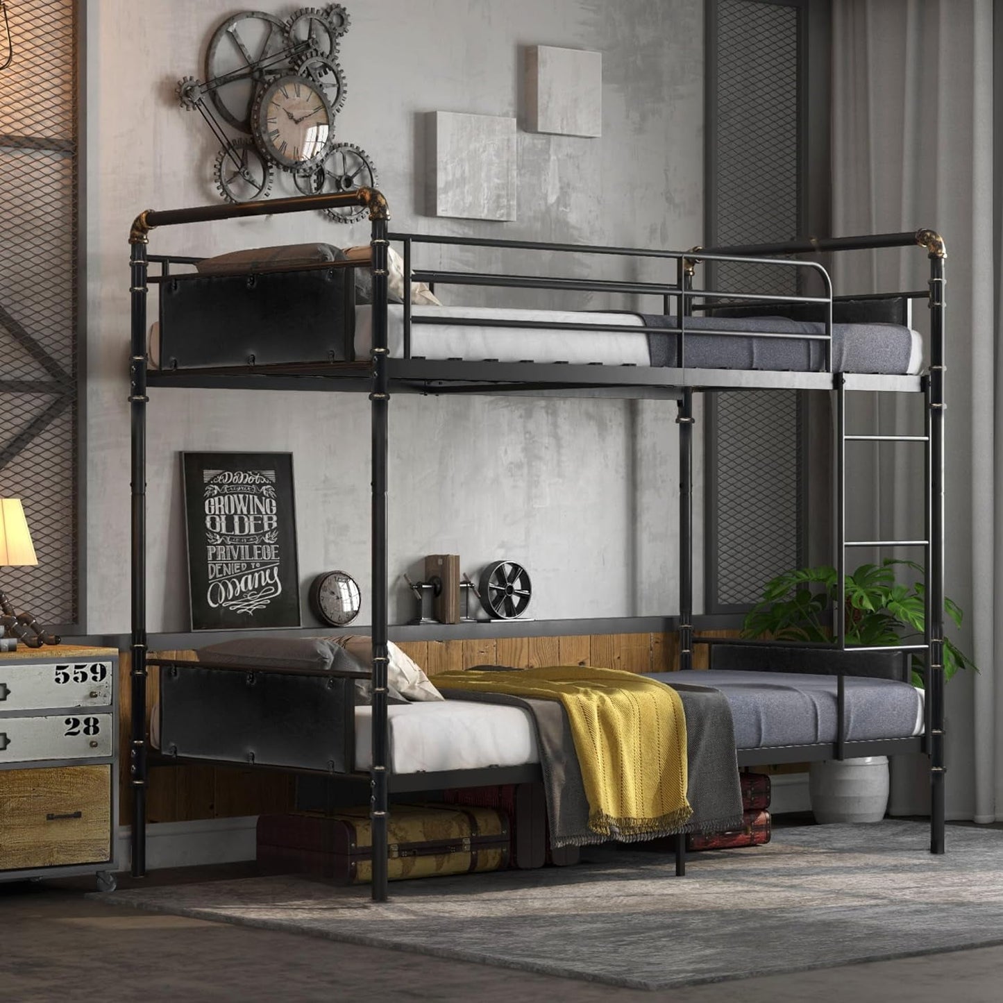 Alohappy Twin over Twin Bunk Bed, Convertible Twin Bunk Beds into 2 Individual Bed, Removable Ladder & Safety Guard Rail for Kids, Easy Assembly, No Box Spring Needed (Black)