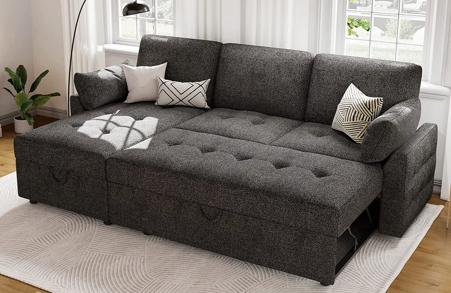 Amerlife Convertible Sofa Bed 87in, Reversible Tufted Sleeper, L Shaped Couch with Storage, Chenille Grey