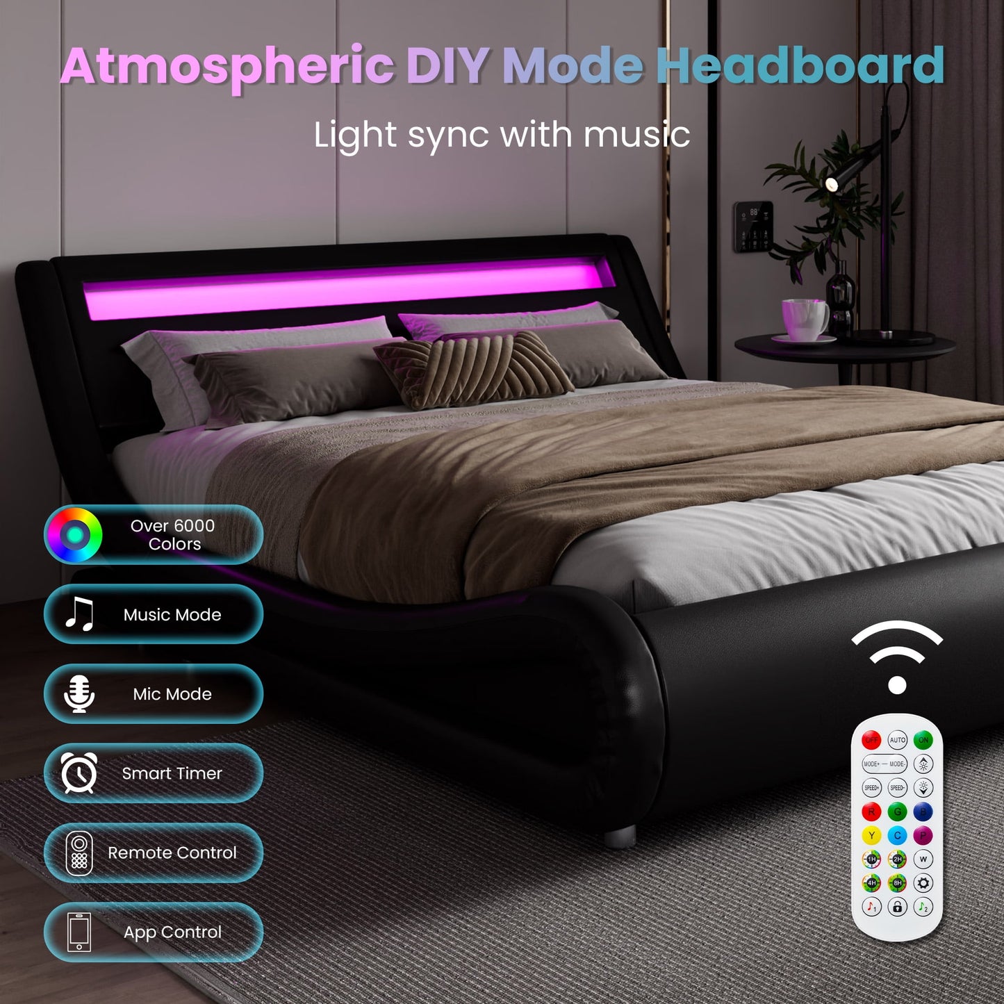 Amolife Full Size Wave-Like Curve Deluxe Upholstered Modern Bed Frame with LED Headboard, Black