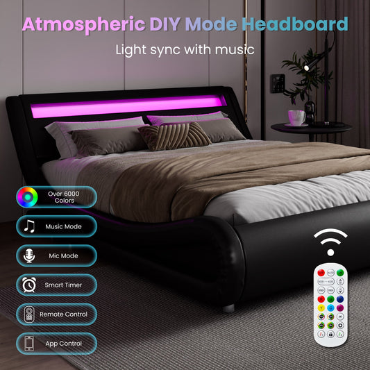 Amolife Full Size Wave-Like Curve Deluxe Upholstered Modern Bed Frame with LED Headboard, Black