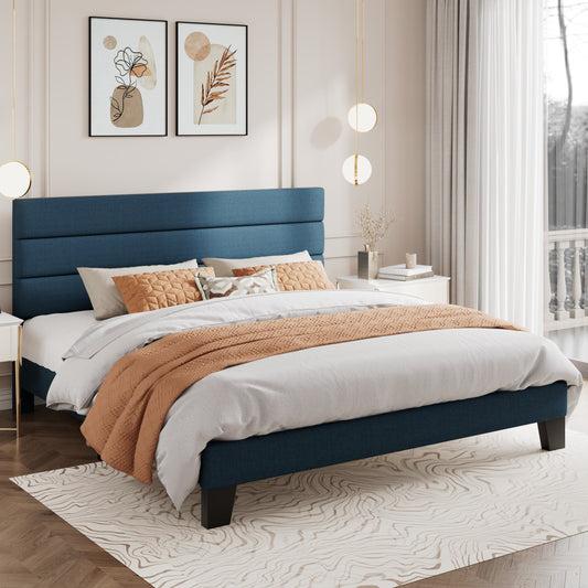 Amolife Platform King Size Bed Frame with Fabric Upholstered Headboard, No Box Spring Needed, Strong Wooden Slats, Navy Blue