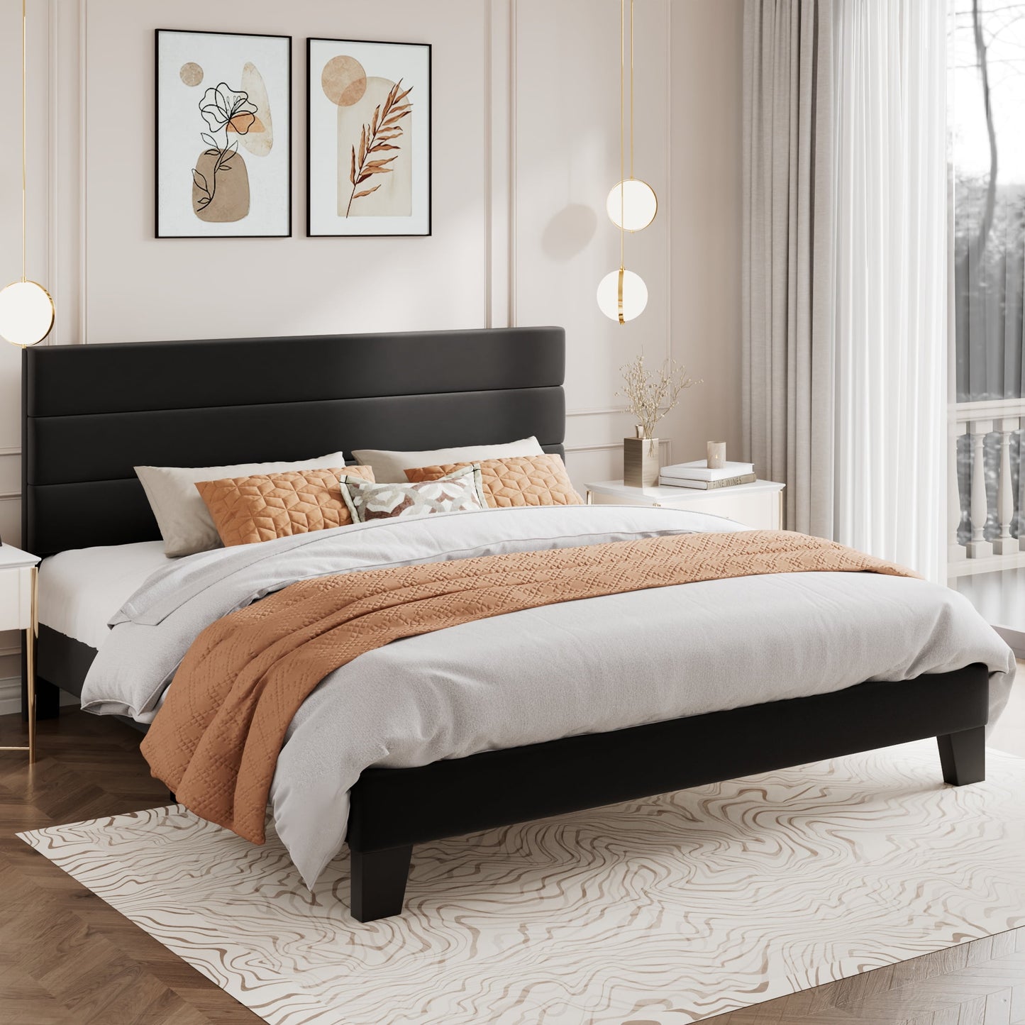Amolife Platform King Size Bed Frame with Velvet Upholstered Headboard, No Box Spring Needed, Strong Wooden Slats, Black