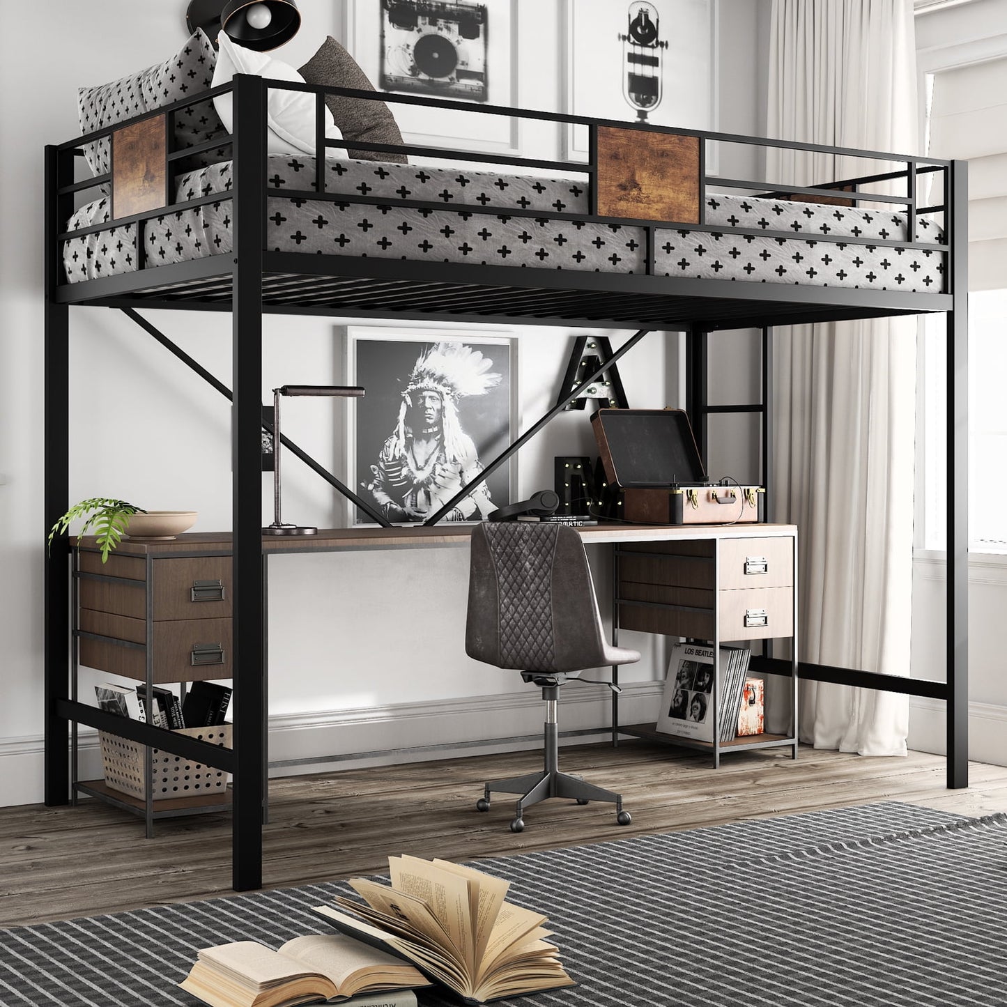 Amolife Twin-Size High Loft Bed with Stairs for Adults, Rustic Modern Natural Wood & Metal, Black Frame