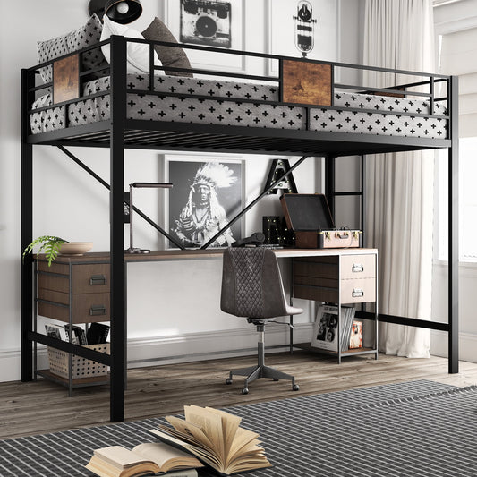 Amolife Twin-Size High Loft Bed with Stairs for Adults, Rustic Modern Natural Wood & Metal, Black Frame