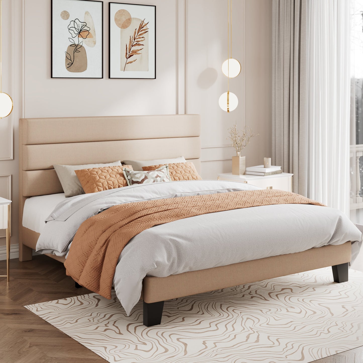 Amolife Platform Queen Size Bed Frame with Fabric Upholstered Headboard, No Box Spring Needed, Strong Wooden Slats, Beige