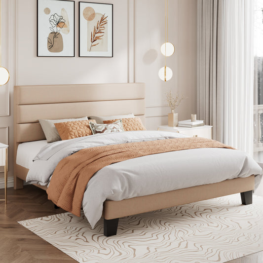 Amolife Platform Queen Size Bed Frame with Fabric Upholstered Headboard, No Box Spring Needed, Strong Wooden Slats, Beige
