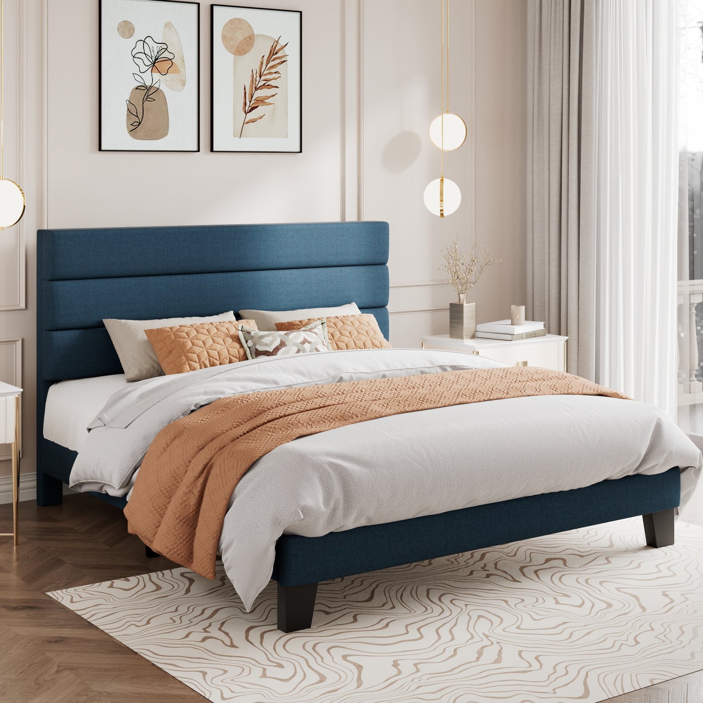 Amolife Upholstered Queen Size Platform Bed Frame with Headboard, No Box Spring Needed, Navy Blue