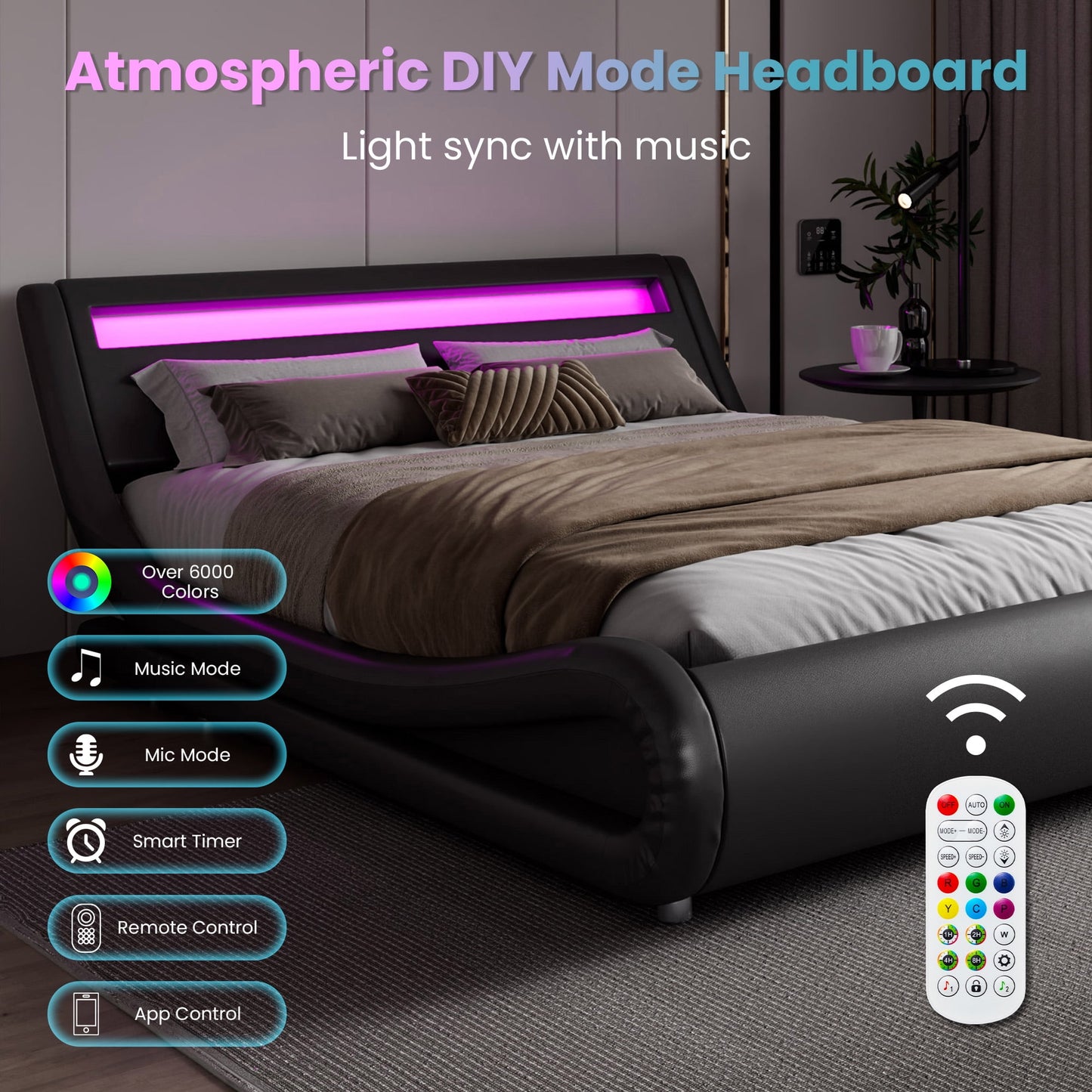 Amolife Queen Size Wave-Like Curve Deluxe Upholstered Modern Bed Frame with LED Headboard, Dark Gray