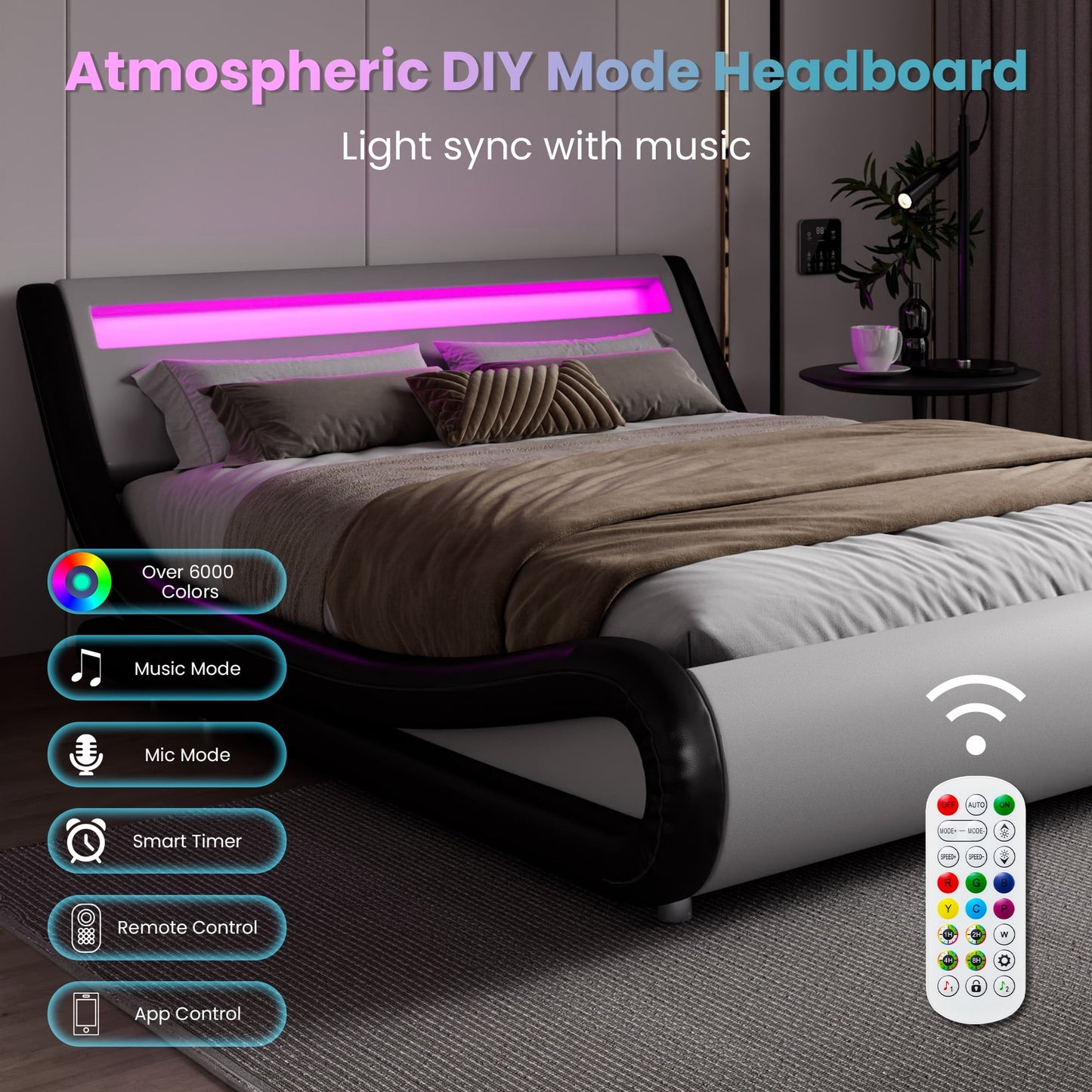 Amolife Deluxe Upholstered Bed Frame Queen Size with LED Lights Headboard, Black+White