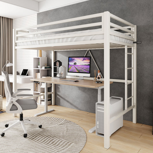 Amolife Twin Size Heavy Duty Metal Loft Bed with Removable Ladder & Full-Length Guardrail, White