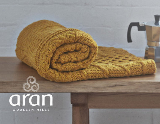 Aran Patchwork Throw 100% Premium Merino Wool Blanket 60in x 42in Made in Ireland by Aran Woollen Mills, Yellow