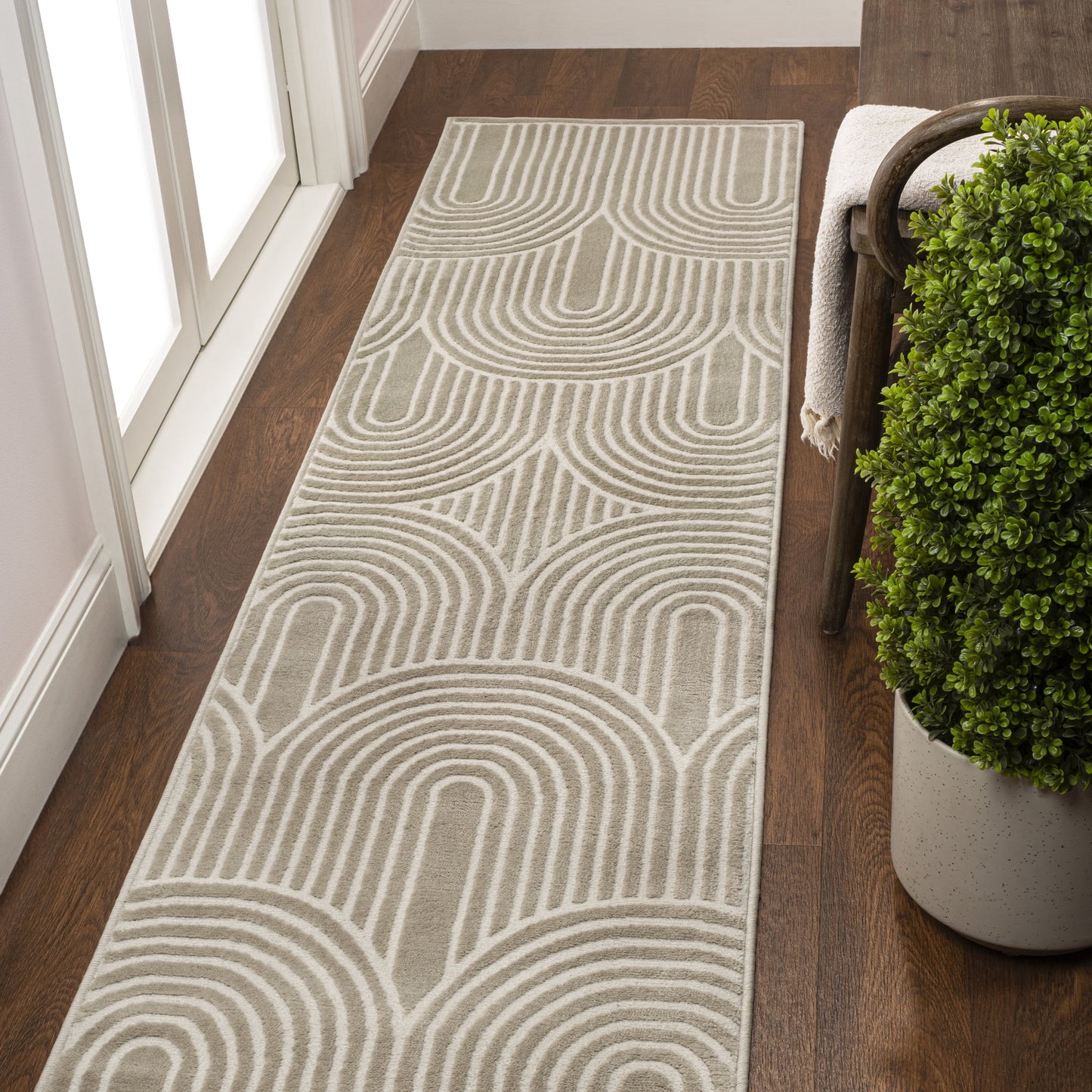 Ariana MidCentury Art Deco Striped Arches Two-Tone High-Low Beige/Cream 2 ft. x 8 ft. Runner Rug