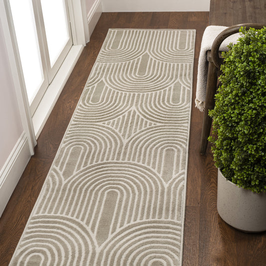 Ariana MidCentury Art Deco Striped Arches Two-Tone High-Low Beige/Cream 2 ft. x 8 ft. Runner Rug