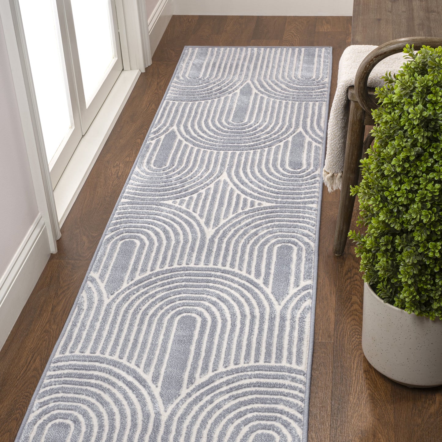 Ariana MidCentury Art Deco Striped Arches Two-Tone High-Low Blue/White 2 ft. x 8 ft. Runner Rug