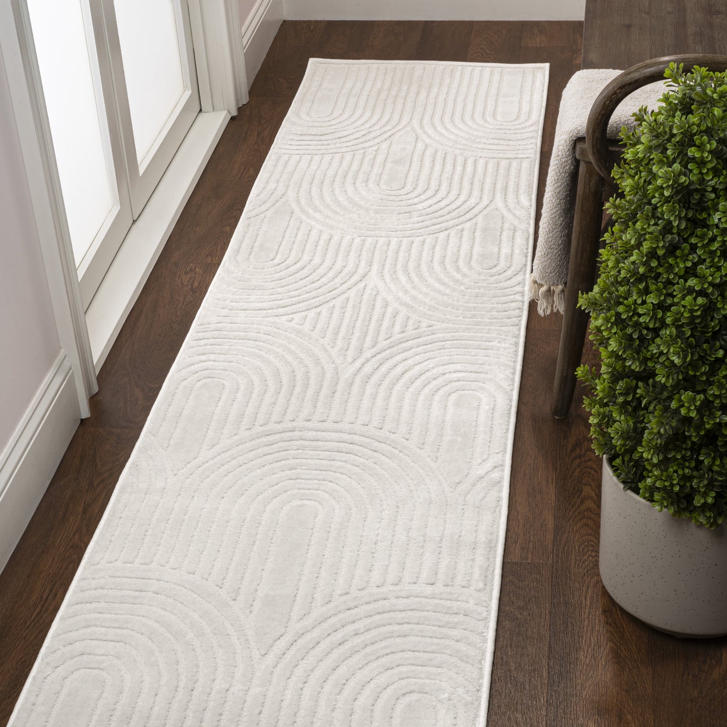 Ariana MidCentury Art Deco Striped Arches Two-Tone High-Low White/Cream 2 ft. x 8 ft. Runner Rug