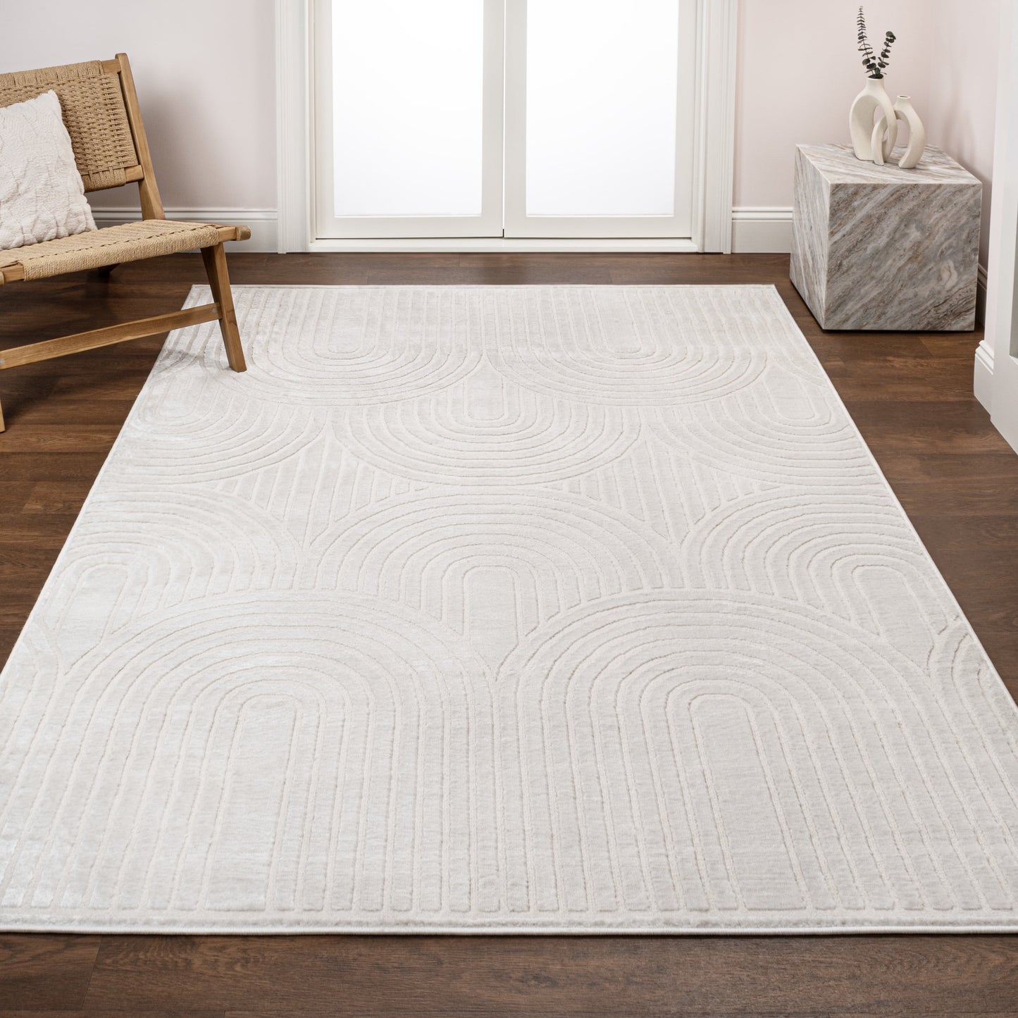 Ariana MidCentury Art Deco Striped Arches Two-Tone High-Low White/Cream 8 ft. x 10 ft. Area Rug