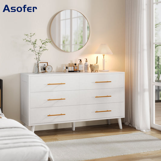 Asofer 6 Drawer Dresser with Gold Metal Handle, Double Wood Storage Chest for Bedroom Living Room, White
