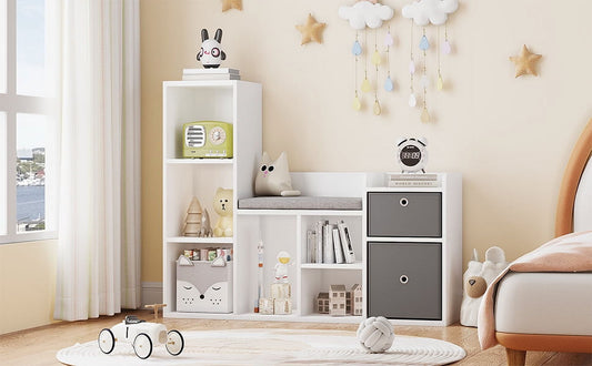 Ataucjin Toy Storage Organizer with Reading Nook 44.1in Width Kids Bookshelf White Bookcase Seat Cushion Wooden 6-Cubby Storage Bench 2 Drawers Toddler Cabinet Shelf for Kids Room, Playroom, Nursery