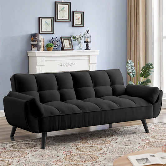 Aukfa 74in Flared Arm Futon Convertible Sofa Bed, Curved Sleeper Sofa for Home Office, Velvet, Black