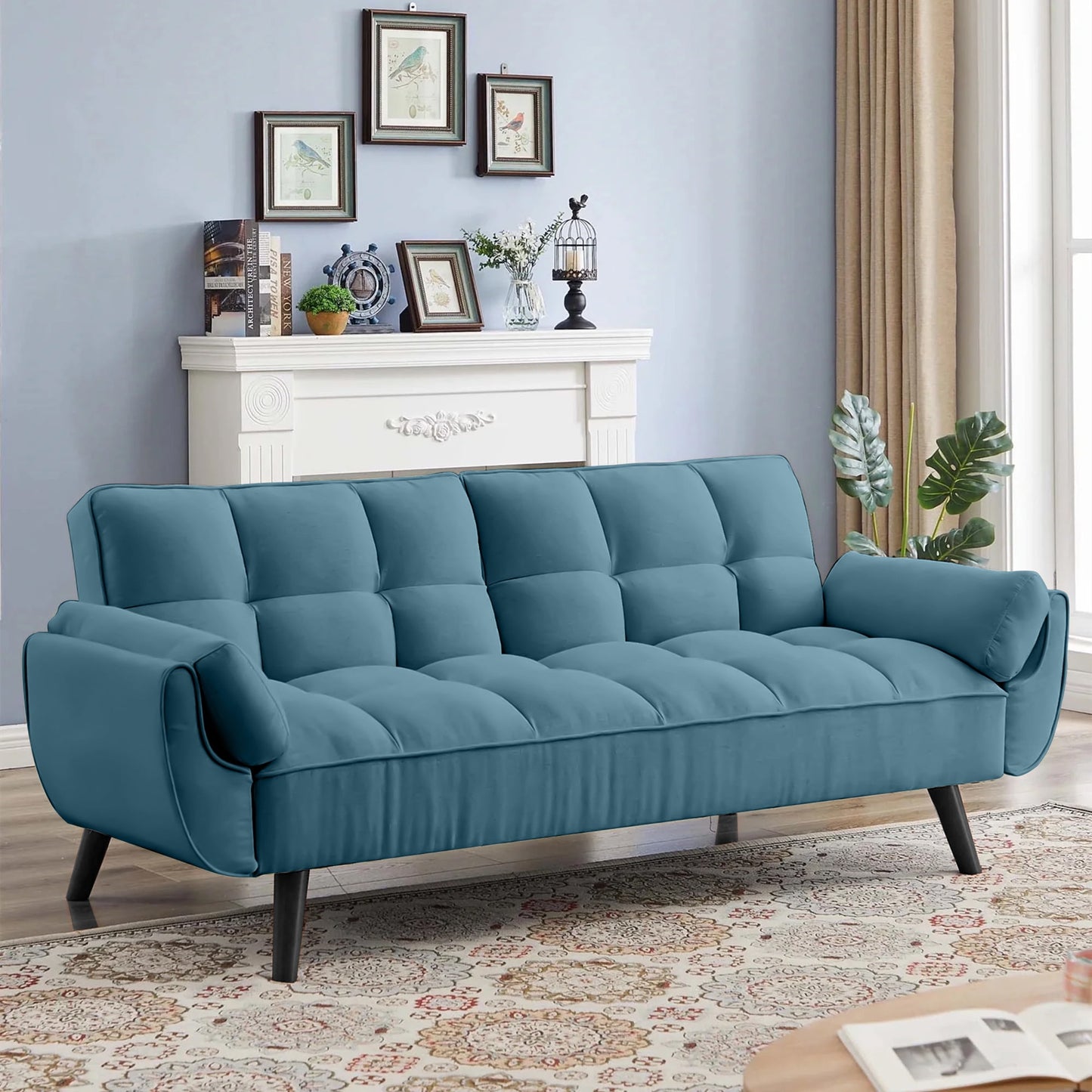 Aukfa 74in Flared Arm Futon Convertible Sofa Bed, Curved Sleeper Sofa for Home Office, Velvet, Blue